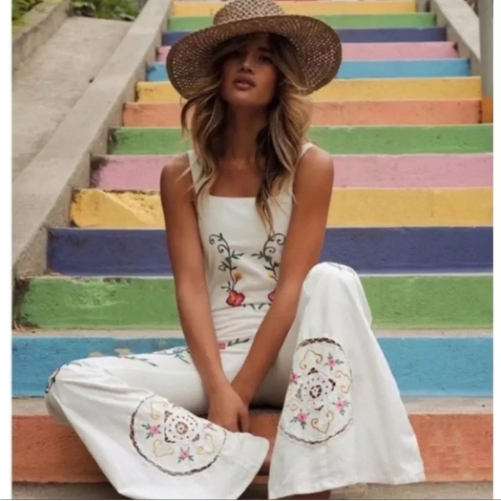 Embroidered White Boho Jumpsuit